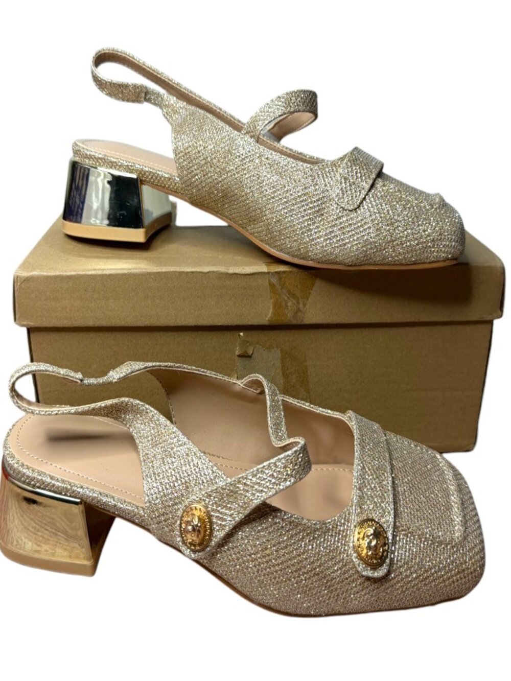 ADOROSE Womens Mary Jane Heels Size 8.5 Gold Glitter Slingback Block Heel